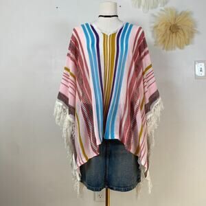 Cupshe Womens Rainbow Stripe Poncho Sweater One Size Beach Cover Up Fringe Boho